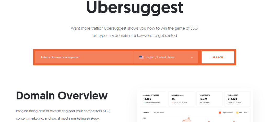 Ubersuggest free keyword research tool results